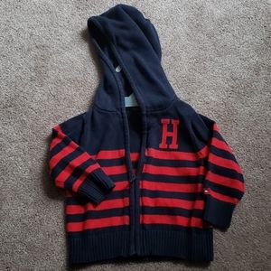 Tommy Hilfiger Kids Navy and Red Striped Sweater with hood 6-9 months